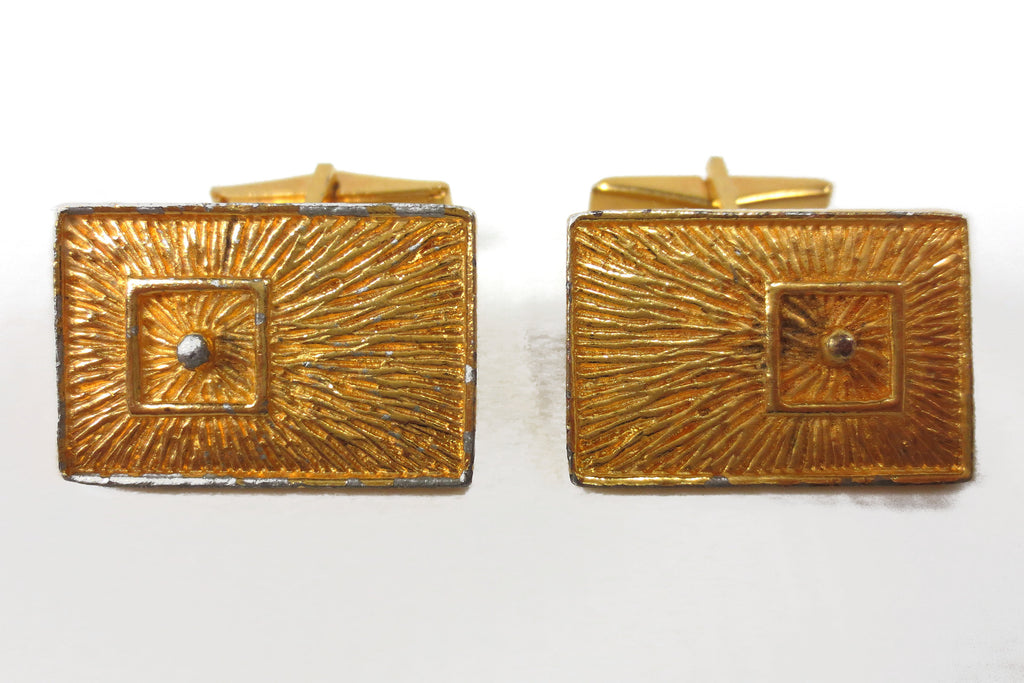 Vintage 1960's Modernist Brutalist Design Cufflinks signed Robert Larin, Engraved Sun Rays, Rectangle, Gold Tone Metal