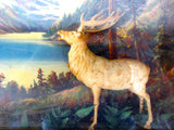 Vintage Antique Canadian Nature Forest Scene Framed Behind Glass 17X13", Wapiti Deer, Snowy Mountains, Hamilton Pictures, Montreal East