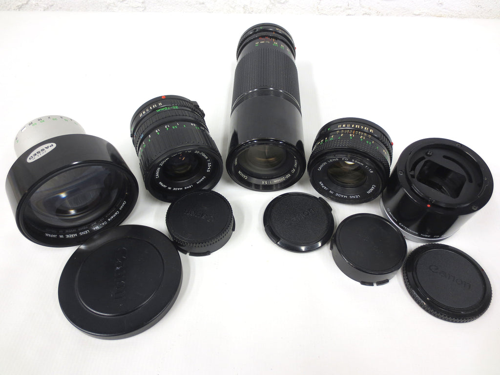 Lot of Vintage Canon Zoom Lenses FD Mount 35-70mm 3.5-4.5, 50mm 1.8 and 100-200mm 5.6, C-8 Tele Converter 1.6X and Extension Tube FD 50mm
