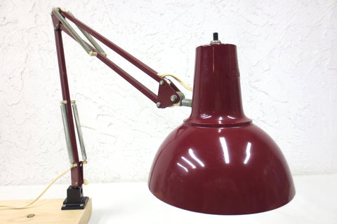 Vintage Mid Century Luxo Drafting Desk Lamp 31" Long Articulated Swing Arm, Dark Red Burgundy, 6 3/4 Diameter