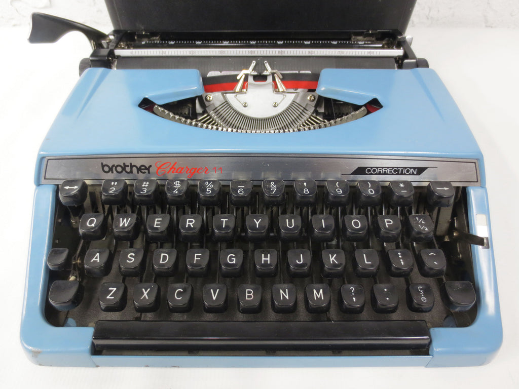 Vintage 1980's Brother Charger 11 Blue Portable Typewriter, Original Black Case, Nagoya Japan, Black Keys
