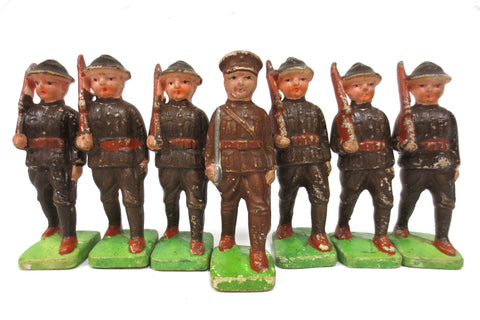 7 WWII Vintage Toy English Soldiers Bisque Porcelain Figurines 3 3/4", Officer with Sword and his Troops