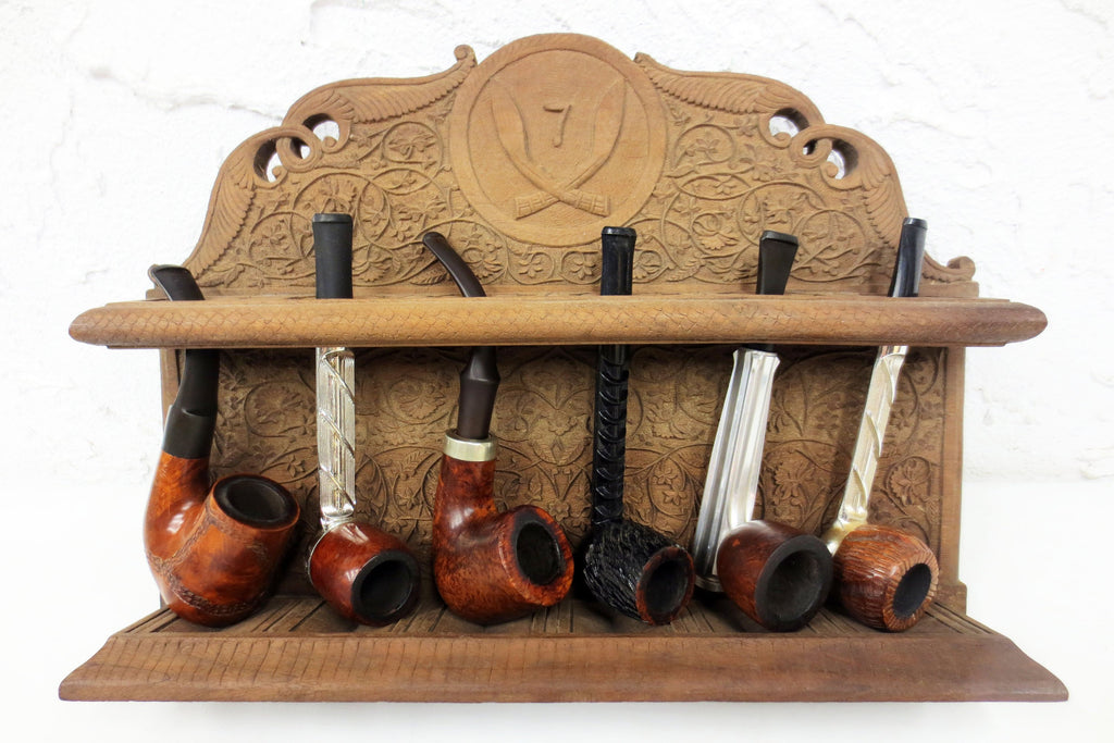 Vintage Tobacco Pipe Wall Stand Rack Display Fits 6 Pipes, Folding Panels, Engraved Sabers, Flowers & Leaves