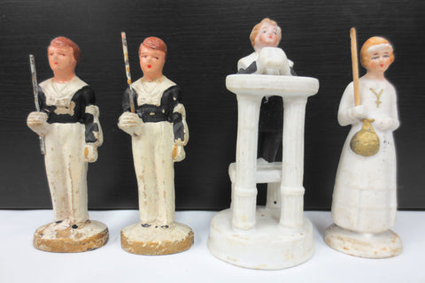 4 Antique Bisque Porcelain and Composition Figurines 3" Signed Deutschland, Germany, Catholic Prayer, 3 Boys, 1 Girl