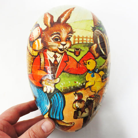 Vintage Paper Mache Easter Egg 7" Candy Holder, West Germany, Rabbit Smoking Pipe