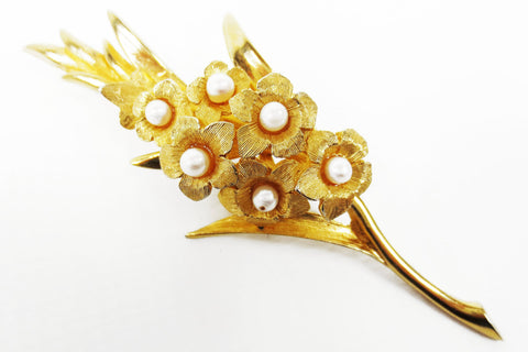 Vintage 1960's Marcel Boucher Gold Plated Brooch 3 1/4", Pearls & Daisies, Gladiolus
