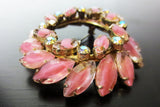 Vintage Evening Dress Pink Flower Brooch 2 1/4" Gold Tone, Round, Oval Stones