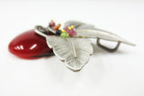 Vintage Cherry Fruit Flower Brooch 2 3/4", Pewter Leaves, Gold Plated Balls