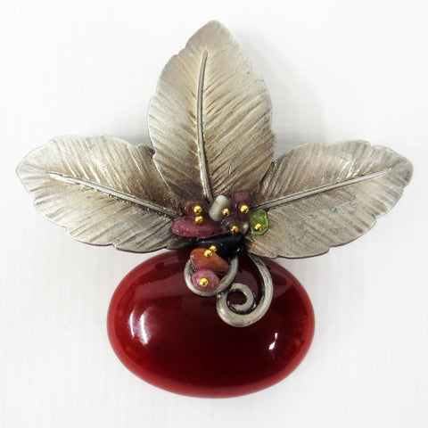 Vintage Cherry Fruit Flower Brooch 2 3/4", Pewter Leaves, Gold Plated Balls