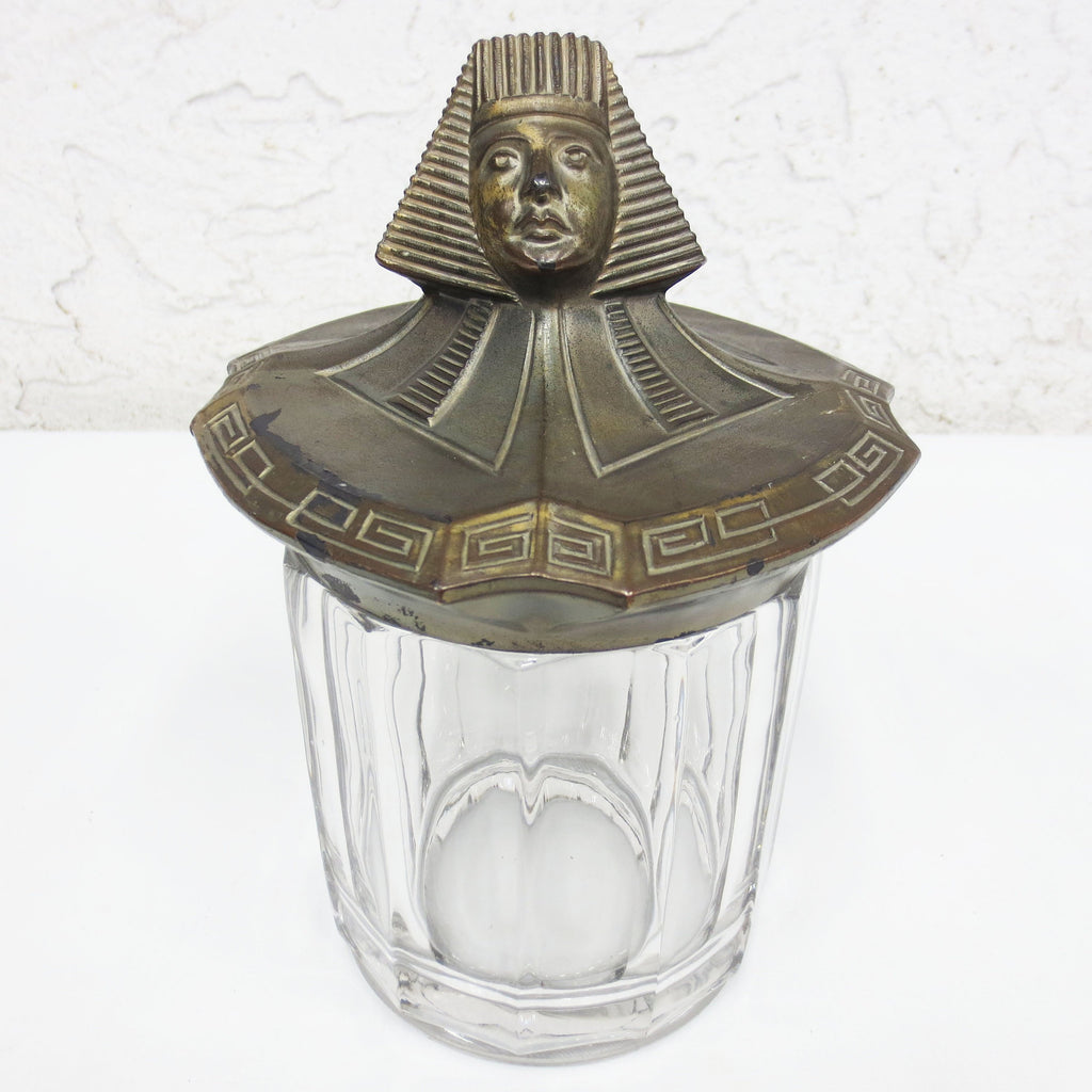 Antique Art Deco Tobacco & Cigar Jar Humidor, Bronze Egyptian Pharaon Lid, Glass