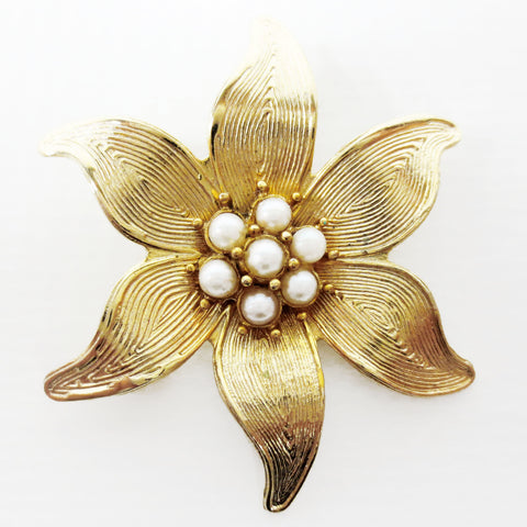 Vintage 1960's Marcel Boucher Gold Plated Brooch 1 1/2", Pearls Set in Flower