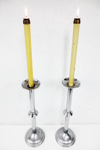 Pair of Antique Church Candle Sticks 3' Feet Tall, Nickel Plated, Spring Candles