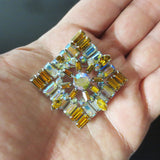 Vintage Azub Austria Evening Dress Brooch 1.5", Amber & Glass Stones, Silver