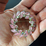 Vintage Evening Dress Pink Flower Brooch 2 1/4" Gold Tone, Round, Oval Stones