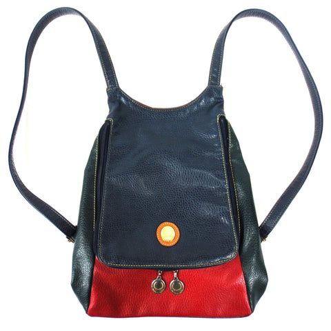 Vintage Alfred Sung Backpack Purse Bag, Genuine Leather, Red Green Blue, 13X11"
