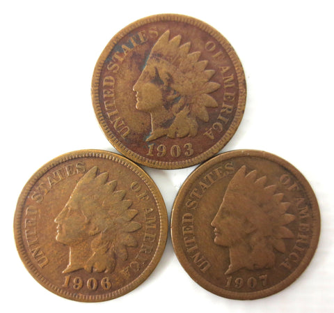 3 Indian Head Cent 1C Penny 1903 1906 and 1907 United States USA