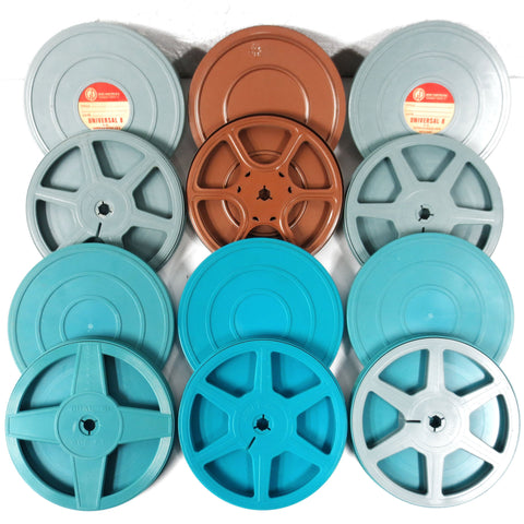 Lot of 6 Vintage 8mm Movie Reels in their Original Cases, Blue, Turquoise, Brown