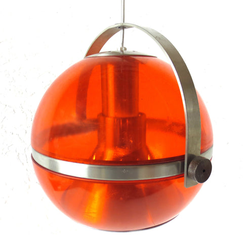 Vtg Mid Century Space Age UFO Ceiling Light Fixture 9" Dia, Translucent Orange