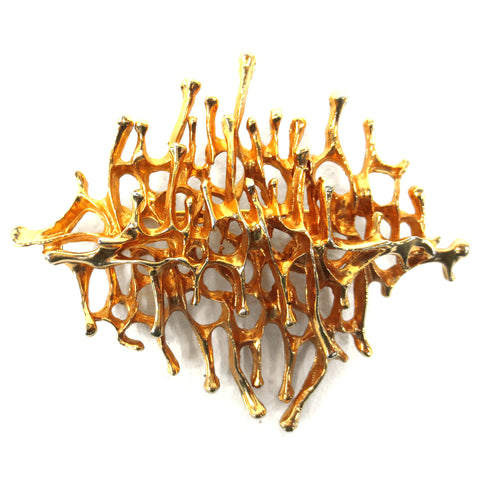 Vintage Mid Century Brutalist Gold Plated Brooch, Large Size 65mm, Abstract Weaves