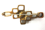 Vintage Mid Century Brutalist Brass Brooch w/ Pearl, Large Size 65mm, Molecular