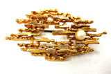 Vintage Mid Century Brutalist Gold Plated Brooch with Pearl, Abstract Weaves