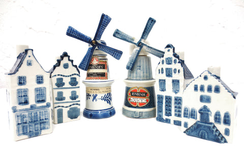 Lof of 6 Vintage KLM  Delfts Simon Rynbende Decanter Houses & Windmills, Holland