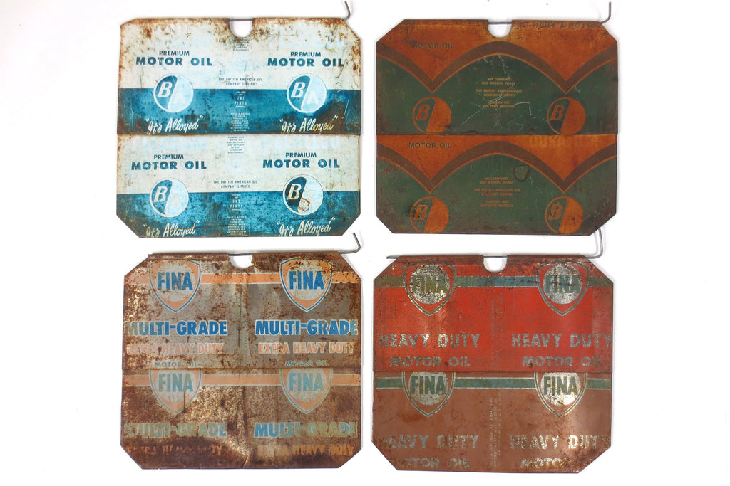 4 Vintage Fina and Pearless BA Motor Oil Advertising Panels, Flatten Metal Cans