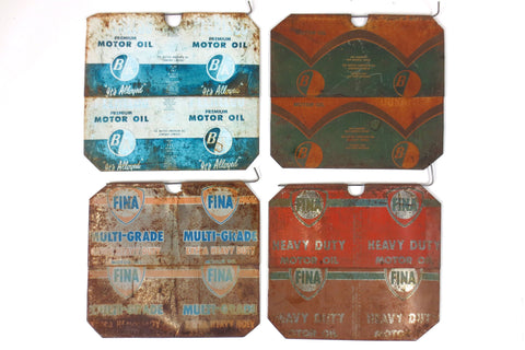 4 Vintage Fina and Pearless BA Motor Oil Advertising Panels, Flatten Metal Cans