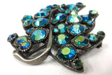 Vintage Flower Brooch 55X60 mm Signed BSK, Blue & Green Rhinestones, Pewter Base