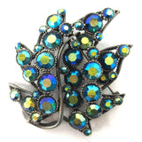 Vintage Flower Brooch 55X60 mm Signed BSK, Blue & Green Rhinestones, Pewter Base