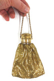 Art Deco Gold Mesh Evening Purse, Expandable Beggars Bag, Satin Lining, Chain Handle