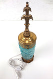 Antique Boudoir Lamp Blue Glass with Waves 14" Tall, Gold Tone Cast Iron & Metal