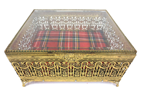 Vintage Filigree Ormolu Jewelry Box, Gold tone metal, Beveled Glass, Tartan