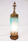 Antique Boudoir Lamp Blue Glass with Waves 14" Tall, Gold Tone Cast Iron & Metal