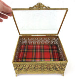 Vintage Filigree Ormolu Jewelry Box, Gold tone metal, Beveled Glass, Tartan