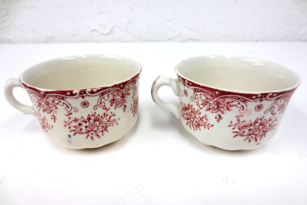 2 Antique Cartier England Coffee & Tea Cups 3 5/8" dia, Red Flowers