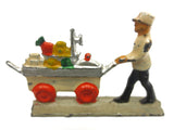 Vintage Miniature Lead Figurine, Caterer in Uniform Pushing Cart Fruits Desserts